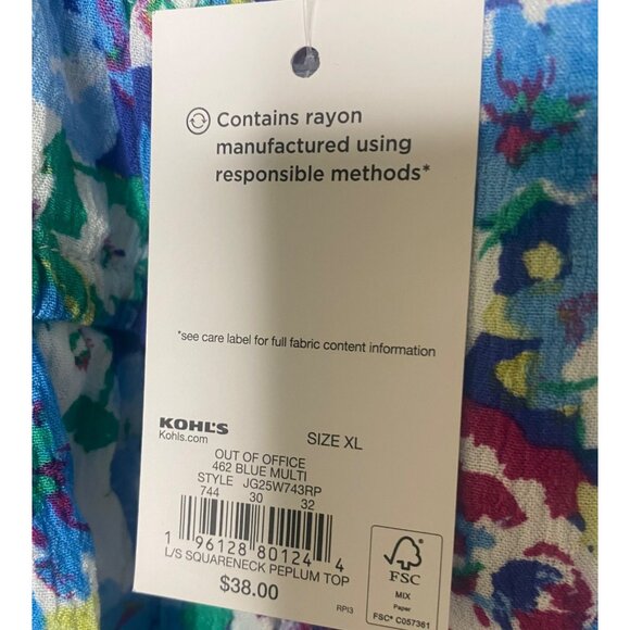 So Good For Life Top XL Blue‎ Floral Long Sleeve Square Neck Peplum Babydoll NEW - Picture 2 of 13